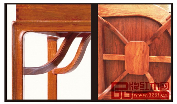 左：霸王枨为s形，这种构造，既能兼顾家具造型清秀，又能保证家具牢固，是一种集力学美与艺术美的连接件（图为世外桃源产品局部图） 右：霸王枨是上端与桌面的穿带相接，用销钉固定，下端与腿足相接的一种榫卯明式家具常见的线形 （图为世外桃源产品局部图）
