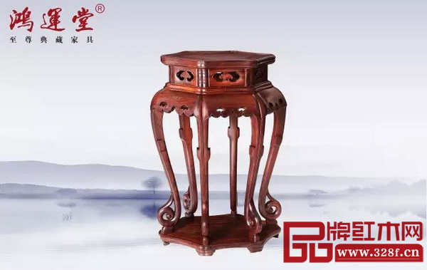 鸿运堂《大红酸枝高束腰三弯腿六角形花几》 鸿运堂《大红酸枝高束腰三弯腿六角形花几》