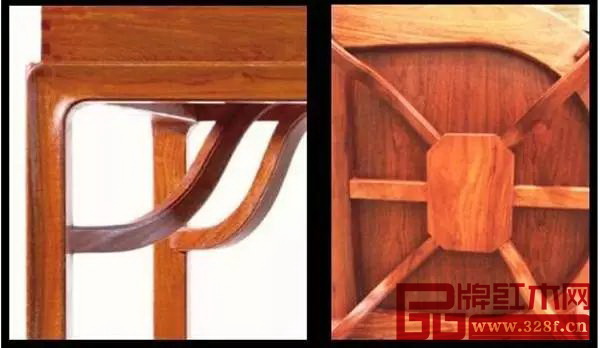 霸王枨为s形，这种构造，既能兼顾家具造型清秀，又能保证家具牢固，是一种集力学美与艺术美的连接件（左图为世外桃源产品局部图） 