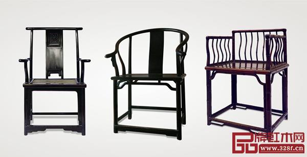 清代明式家具(苏作),鸂鶒(左)、紫檀(中)、红酸枝扶手椅(右)三例 清代明式家具(苏作),鸂鶒(左)、紫檀(中)、红酸枝扶手椅(右)三例