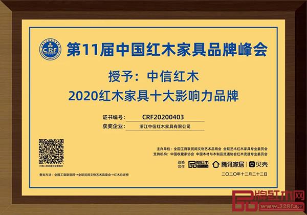 中信红木荣获“2020红木家具十大影响力品牌” 中信红木荣获“2020红木家具十大影响力品牌”
