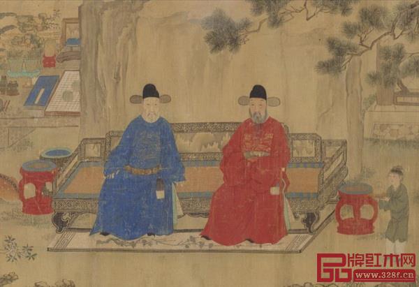 ▲明《五同会图》局部 两位官员坐在罗汉床上聊天