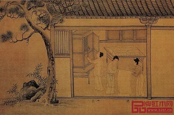 ▲ 宋代《蚕织图》中的柜，明显是“横拉设门”的结构，符合我们今天对柜的认知